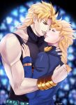  1boy 2016 aqua_eyes blonde_hair blurry braid depth_of_field dio_brando earrings father_and_son felicia-val giorno_giovanna hair_tie highres jewelry jojo_no_kimyou_na_bouken male_focus muscle signature single_braid smile solo stud_earrings wrist_cuffs yellow_eyes 