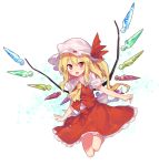  1girl ascot blonde_hair bow flandre_scarlet floating full_body hat hat_bow looking_at_viewer mob_cap open_mouth puffy_short_sleeves puffy_sleeves red_bow red_eyes red_skirt red_vest sawayaka_samehada short_sleeves side_ponytail skirt smile solo touhou white_background white_hat wing_collar wings 
