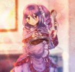  1girl blush dress drifblim frilled_sleeves frills inside long_hair looking_at_viewer mixing_bowl moe_(hamhamham) personification pokemon purple_dress purple_hair red_eyes scrunchie side_ponytail solo standing whisk 
