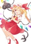  1girl akagashi_hagane ascot asymmetrical_hair blonde_hair bow crystal fang flandre_scarlet hat hat_bow laevatein mob_cap one_eye_closed open_mouth puffy_sleeves red_eyes side_ponytail solo touhou white_background wings 