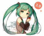  1girl 39 blush detached_sleeves green_eyes green_hair hatsune_miku lino-lin long_hair looking_at_viewer simple_background smile solo twintails vocaloid white_background 