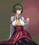  1girl adapted_costume ascot black_legwear blush breasts brown_background collared_shirt green_hair high-waist_skirt highres holding holding_umbrella kazami_yuuka kikimifukuri large_breasts long_sleeves looking_at_viewer pantyhose plaid plaid_skirt red_eyes shaded_face shirt short_hair simple_background sitting sketch skirt slit_pupils smile solo suspender_skirt suspenders touhou umbrella underbust wavy_mouth white_shirt yokozuwari 