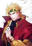  1boy birthmark blonde_hair cape dio_brando earrings felicia-val headband heart highres jewelry jojo_no_kimyou_na_bouken knife male_focus muscle orange_eyes signature smile solo upper_body 