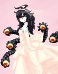  &gt;:) 1girl alternate_costume artist_request bare_shoulders black_hair bow bridal_veil cyclops dress elbow_gloves extra_eyes from_side gazer_(monster_girl_encyclopedia) gloves long_hair looking_at_viewer monster_girl monster_girl_encyclopedia one-eyed pink_bow red_eyes simple_background smile solo source_request tentacles veil wedding_dress white_dress white_gloves yellow_sclera 
