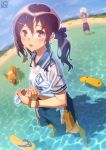  1boy 1girl :d afloat arms_up ball bare_legs barefoot beachball black_hair blue_ribbon blue_shorts blue_sky brown_eyes coast collared_shirt day dog gym_uniform hair_ornament hair_ribbon hairclip highres holding_ball low_twintails male_swimwear ocean open_mouth original outdoors pairan purple_hair ribbon sandals_removed see-through shirt shore short_hair short_sleeves shorts sky smile solo_focus standing summer sweatband swim_trunks swimwear topless twintails wading water water_drop wet wet_clothes wet_hair wet_shirt white_shirt wing_collar 