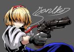  1girl alice_margatroid black_gloves blonde_hair blue_dress cigarette cookie_(touhou) cursive dress from_side gloves grey_background grin gun hair_over_eyes hairband handgun highres holding holding_gun holding_weapon mouth_hold revolver shiny shiny_clothes shiny_hair signature simple_background smile smoke smoking solo torii5011 touhou upper_body weapon 