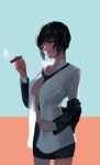  1girl black_hair breasts collarbone formal looking_at_viewer necktie open_clothes red_eyes shirt smile smoke smoking solo standing tianlluo undressing 