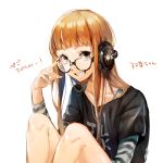  1girl adjusting_glasses bangs blunt_bangs glasses grin headphones long_hair looking_at_viewer mr0308 orange_eyes orange_hair persona persona_5 sakura_futaba shirt simple_background smile solo striped striped_shirt white_background 