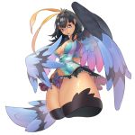  1girl :o ass black_hair dark_skin from_below harpy long_hair looking_down monster_girl simple_background tail thigh-highs tie_(a5881199) violet_eyes white_background wings 