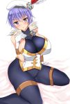  &gt;:o 1girl :o arm_support bare_shoulders beret black_legwear blue_eyes blue_hair blush breasts commentary_request fur_trim gloves hat hat_feather huge_breasts leggings leona_(sennen_sensou_aigis) looking_at_viewer noeomi sennen_sensou_aigis short_hair sitting skin_tight sleeveless sleeveless_turtleneck solo spandex thigh_strap turtleneck white_gloves 