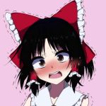  1girl bare_shoulders black_hair blush bow d: embarrassed face frills hair_bow hair_tubes hakurei_reimu jpeg_artifacts kobashino open_mouth pink_background portrait raised_eyebrows red_eyes simple_background solo sweat teeth touhou trembling 