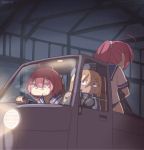  2016 3girls :o ahoge artist_name bangs blonde_hair blue_eyes body_bag cigarette colored_eyelashes commentary cropped_jacket dated driving garrison_cap ground_vehicle hair_between_eyes hat headlight high_ponytail i-168_(kantai_collection) i-58_(kantai_collection) jitome kantai_collection long_hair looking_at_another motor_vehicle multiple_girls one-piece_swimsuit open_mouth pink_eyes pink_hair puffy_short_sleeves puffy_sleeves redhead school_swimsuit school_uniform serafuku short_hair short_sleeves silver_bell_(artist) smoking sweatdrop swimsuit swimsuit_under_clothes truck tunnel u-511_(kantai_collection) 