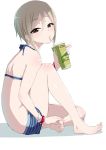  1girl bad_perspective bangle barefoot bikini black_eyes blush bracelet breasts drinking_straw feet full_body grey_hair idolmaster idolmaster_cinderella_girls jewelry looking_at_viewer saki_chisuzu shiomi_shuuko short_hair sketch solo string_bikini swimsuit 