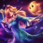  1girl alexandra_mae bare_shoulders blonde_hair blue_dress blue_eyes chiko_(mario) chromatic_aberration crown dress earrings foreshortening hair_over_one_eye jewelry super_mario_bros. motion_blur nintendo rosetta_(mario) sky sparkle star star_(sky) starry_sky strapless strapless_dress super_mario_galaxy wand watermark web_address 