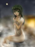  1girl between_legs breasts cleavage collarbone eyebrows eyebrows_visible_through_hair green_eyes green_hair hair_over_shoulder hand_between_legs long_hair looking_at_viewer midorikawa_nao moon naked_towel night nude onsen open_mouth outdoors precure ryuusama sitting small_breasts smile_precure! solo steam towel wet wet_hair 