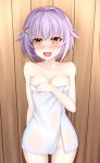  1girl :d blush breasts brown_eyes cleavage covering covering_breasts cowboy_shot fang hair_flaps hair_ornament hairclip healther highres idolmaster idolmaster_cinderella_girls koshimizu_sachiko looking_away naked_towel open_mouth purple_hair short_hair smile solo sweatdrop towel wooden_wall 