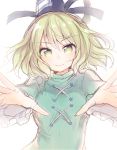  1girl closed_mouth frills green_eyes green_hair hat highres mugicha0929 ofuda outstretched_arms sketch soga_no_tojiko solo tate_eboshi touhou white_background 