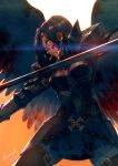  1girl armor armored_dress backlighting black_hair black_wings blood blood_on_face bloody_clothes bloody_weapon bloody_wings breastplate claymore_(sword) cowboy_shot dated ears fantasy fighting_stance kio_naoki lens_flare long_hair original pauldrons profile red_eyes serious signature solo strap sword weapon wings 
