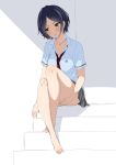  1girl bangs barefoot black_hair blush breasts dress_shirt hayami_kanade idolmaster idolmaster_cinderella_girls jewelry necklace necktie parted_bangs saki_chisuzu school_uniform shirt short_hair short_sleeves sitting sitting_on_stairs sketch solo stairs yellow_eyes 