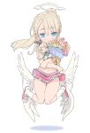  1girl :3 alice_(grimms_notes) angel_wings birthday blade_(galaxist) blonde_hair blue_eyes blush braid character_doll cheerleader floating french_braid full_body grimms_notes halo liliana_hart long_hair open_mouth pleated_skirt pointy_ears ponytail pop-up_story skirt smile solo wings 