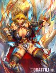  &gt;:) 1girl ass_visible_through_thighs bare_shoulders black_legwear black_panties blonde_hair breasts cape chloris_garden cleavage commentary_request crown detached_sleeves fur_trim greaves grin holding holding_sword holding_weapon large_breasts looking_at_viewer melon22 official_art original panties pantyshot pantyshot_(sitting) red_eyes sitting smile solo spread_legs sword thigh-highs underwear vambraces weapon 