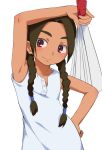  1girl abenobashi_mahou_shoutengai asahina_arumi braid brown_hair bubukka dress fan hand_on_hip long_hair red_eyes simple_background sleeveless smile solo twin_braids white_background white_dress 