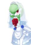  1girl bare_shoulders blue_flower blue_rose blush bouquet bridal_veil choker closed_mouth clothed_pokemon colored_skin commentary_request detached_sleeves dress flat_chest floral_print flower gardevoir gem gen_3_pokemon green_skin hands_up happy heart heart_in_eye highres holding holding_bouquet layered_dress leaning_forward legs_together muguet multicolored multicolored_skin pokemon pokemon_(creature) red_eyes red_flower red_rose rose rose_print sapphire_(gemstone) see-through simple_background smile solo standing symbol_in_eye thigh-highs tiara two-tone_skin veil wedding_dress white_background white_choker white_dress white_legwear white_skin white_sleeves 