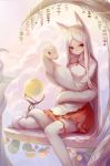  1girl animal animal_ears clouds fox_ears head_tilt holding_animal huanghulilun ledge leg_up long_hair looking_at_viewer original red_eyes sitting sleeves_past_wrists smile snake sphere thigh-highs very_long_hair white_hair white_legwear 