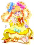  1girl :d asahina_mirai blonde_hair bloomers bow braid candy_hair_ornament cure_miracle double_bun earrings food_themed_hair_ornament full_body hair_ornament hair_rings hat highres jewelry kneehighs kneeling long_hair looking_at_viewer mahou_girls_precure! mini_hat mini_witch_hat nii_manabu open_mouth outstretched_hand pink_hat precure red_bow shoes skirt smile solo topaz_style underwear violet_eyes white_legwear witch_hat yellow_skirt 