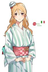  1girl 3: alternate_costume asakawa_(outeq) blonde_hair blush braid commentary french_braid hair_between_eyes hat italian italian_flag italy japanese_clothes kantai_collection kimono long_hair looking_at_viewer mini_hat obi sash simple_background solo wavy_hair white_background yukata zara_(kantai_collection) 