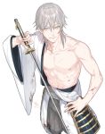  1boy blood blood_on_face bloody_clothes cowboy_shot cuts from_above hand_on_hip holding holding_sword holding_weapon injury male_focus nipples parted_lips silver_hair simple_background sine smile solo sword touken_ranbu tsurumaru_kuninaga weapon white_background yellow_eyes 