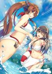  2girls anchor ass bare_arms bikini black_hair blurry breasts brown_eyes brown_hair cherry_blossoms depth_of_field dutch_angle flower from_behind front-tie_top hair_between_eyes hair_flower hair_ornament hairband halter_top halterneck haruna_(kantai_collection) highres innertube kantai_collection leaning_forward long_hair looking_at_viewer medium_breasts multiple_girls navel ocean one_eye_closed ponytail sarong splashing standing standing_on_liquid star swimsuit thighs touken very_long_hair water white_bikini yamato_(kantai_collection) yellow_eyes 