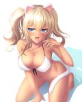  1girl alternate_hair_color animal_ears bare_legs barefoot bikini_top blonde_hair blue_eyes blush bottomless breasts cat_ears cat_tail cleavage collarbone front-tie_top highres kantai_collection kashima_(kantai_collection) kneeling large_breasts long_hair naughty_face navel open_mouth saliva saliva_trail sidelocks simple_background smile solo swimsuit tail tan tiphereth tongue tongue_out tsurime twintails wavy_hair white_background white_bikini_top 