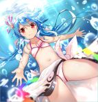  1girl bikini blue_hair bubble closed_mouth efe flat_chest freediving front-tie_bikini front-tie_top hair_ribbon hinanawi_tenshi holding_breath long_hair looking_at_viewer navel outstretched_arms pink_ribbon red_eyes ribbon sarong solo sunlight swimming swimsuit touhou underwater white_bikini 