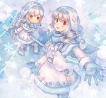  :d blue_scarf braid character_doll full_body gloves hair_tubes long_hair looking_at_viewer moe_(hamhamham) open_mouth outstretched_hand personification pokemon red_eyes scarf smile snowflakes standing vanilluxe white_hair winter_clothes 