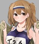  1girl blush breasts brown_eyes brown_hair cleavage clothes_writing collarbone covered_nipples grey_background hairband highres i-26_(kantai_collection) kantai_collection large_breasts long_hair open_clothes sailor_collar school_swimsuit simple_background smile solo swimsuit swimsuit_under_clothes two_side_up wataro_(watawatawatapon) 