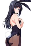  1girl animal_ears bare_shoulders black_eyes black_hair breasts bunny_girl bunny_tail bunnysuit detached_collar highres long_hair looking_at_viewer looking_to_the_side matsunaga_kouyou original pantyhose rabbit_ears sideboob simple_background solo tail white_background wrist_cuffs 