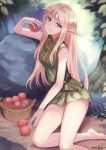  1girl artist_name bare_shoulders barefoot basket belt blonde_hair blurry breasts circlet closed_mouth commentary_request day deedlit depth_of_field dress elf food fruit grass green_dress green_eyes holding holding_fruit leaf long_hair looking_at_viewer meto31 outdoors pointy_ears record_of_lodoss_war rock short_dress sidelocks sleeveless sleeveless_dress small_breasts smile solo tree very_long_hair 