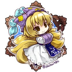  &gt;:) 1girl blonde_hair brown_eyes chibi fox_tail hat looking_at_viewer mob_cap multiple_tails short_hair smile socha solo tail touhou twitter_username yakumo_ran 