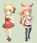  2girls ;o ahoge animal_ears black_legwear blonde_hair blush breasts caster_(fate/extra) chibi cleavage dress fate/extra fate/grand_order fate_(series) fox_ears fox_tail frilled_dress frills green_background green_eyes long_hair looking_at_viewer multiple_girls one_eye_closed pink_hair red_dress saber_extra short_hair simple_background tail thigh-highs ureshiijelek yellow_eyes zettai_ryouiki 