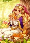  1girl against_tree bangs basket blonde_hair blush bread character_request crumbs day dress eating flower food food_on_face grand_knights_history highres holding holding_food long_hair long_sleeves looking_at_viewer nature open_mouth outdoors princess_sefia purple_flower red_eyes shigatake sitting solo swept_bangs tree tulip yellow_flower 