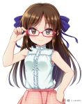  1girl adjusting_glasses animated animated_gif bespectacled blush bow brown_eyes brown_hair glasses hair_bow half_updo idolmaster idolmaster_cinderella_girls long_hair open_mouth rariemonn red-framed_eyewear shirt simple_background sleeveless sleeveless_shirt smile solo tachibana_arisu 