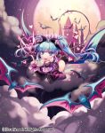  1girl bat bat_wings blue_eyes blue_hair boots bow cardfight!!_vanguard castle clouds demon_girl demon_tail heart high_heel_boots high_heels long_hair matsurika_youko moon night night_sky official_art open_mouth sky solo sparkle succubus succubus_of_seductive_smile tail twintails wings 