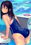  1girl ass bent_over black_hair brown_eyes competition_school_swimsuit goggles goggles_removed long_hair new_school_swimsuit original pool rokuhara_(10687811) school_swimsuit smile swimsuit water wet 