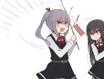  2girls angry annin_musou asashio_(kantai_collection) bangs belt black_hair blouse blue_eyes branch dress flying_sweatdrops green_eyes grey_hair hair_ribbon holding holding_branch kantai_collection kasumi_(kantai_collection) long_hair long_sleeves motion_lines multiple_girls neck_ribbon open_mouth paper pinafore_dress pleated_dress red_ribbon remodel_(kantai_collection) ribbon side_ponytail sketch sweat tanabata white_background 