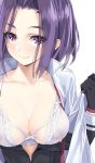  1girl :3 bangs black_gloves blush bra breasts cleavage gloves kantai_collection lace lace-trimmed_bra lace_bra looking_at_viewer medium_breasts open_clothes open_shirt parted_bangs purple_hair shirt smile solo tatsuta_(kantai_collection) underwear violet_eyes white_bra yahako 
