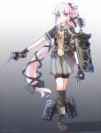  1girl aa_gun abukuma_(kantai_collection)_(cosplay) baseu bike_shorts blouse boots breasts cannon green_eyes hair_ornament hair_ribbon highres jacket kantai_collection knee_boots long_hair machinery open_mouth pink_hair ponytail radar remodel_(kantai_collection) ribbon school_uniform serafuku short_sleeves side_ponytail skirt smile smokestack solo torpedo turret very_long_hair yura_(kantai_collection) 