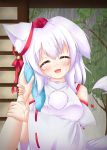  absurdres animal_ears bare_shoulders bell blush breasts closed_eyes darktrified detached_sleeves hat highres inubashiri_momiji large_breasts open_mouth pom_pom_(clothes) rain ribbon short_hair silver_hair tail tokin_hat touhou tree wolf_ears wolf_tail 