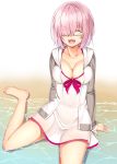  1girl ^_^ ^o^ bare_legs barefoot beach benitsuki_tsubasa breasts cleavage closed_eyes collarbone commentary_request fate/grand_order fate_(series) glasses hair_over_one_eye large_breasts long_sleeves open_mouth pink_hair sand shielder_(fate/grand_order) short_hair sitting solo wariza water 