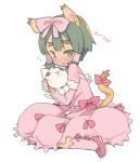  1girl animal_ears blade_(galaxist) commentary_request dark_skin dress eyebrows fang full_body green_hair hannah_blaze mary_janes pop-up_story shoes solo stuffed_animal stuffed_toy tiger_ears translation_request 